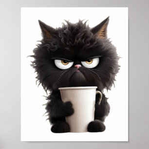 Poster Drôle mignon café de chat noir en colère