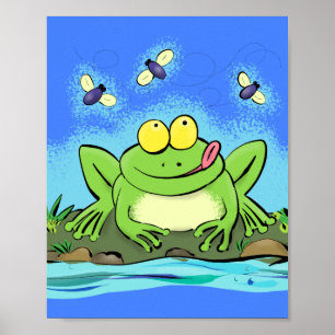 Poster Drôle mignon grenouille verte affamée avec des mou