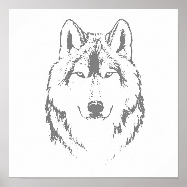 Poster Drôle noir et blanc tête de loup croquis (Devant)