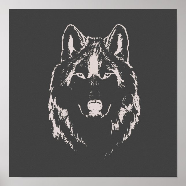 Poster Drôle noir et blanc tête de loup croquis (Devant)