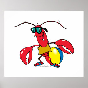 Poster drôle plage aller homard dessin animé