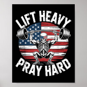 Poster Drôle Skeleton Us Drapeau Ascenseur Lourd Prière G