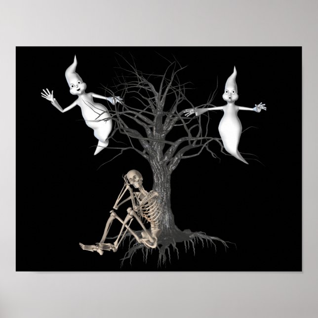 Poster Drôle Squelette Et Fantômes Halloween (Devant)