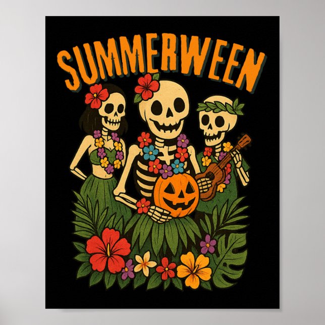 Poster Drôle Summerween Skeletons Luau Party Halloween Be (Devant)