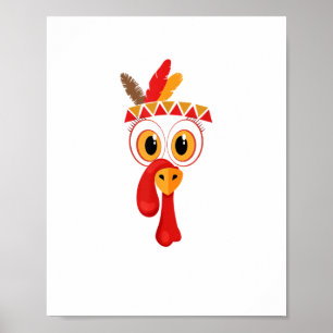 Poster Drôle Thanksgiving Turquie Face tête indienne plum