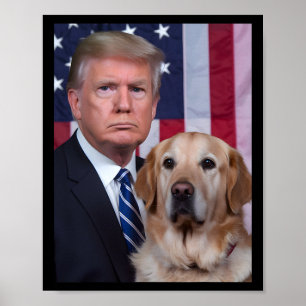 Poster Drôle Trump et Golden Retriever Dog Usa Drapeau El