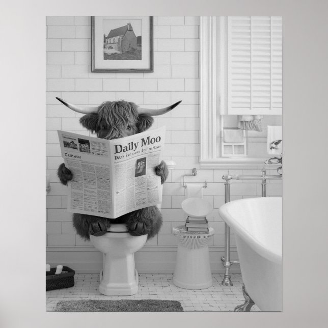Poster Drôle Vache Highland assis sur les toilettes Salle (Devant)