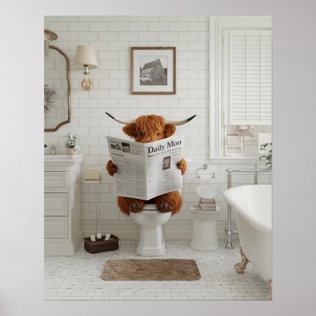 Poster Drôle Vache Highland assis sur les toilettes Salle (Devant)