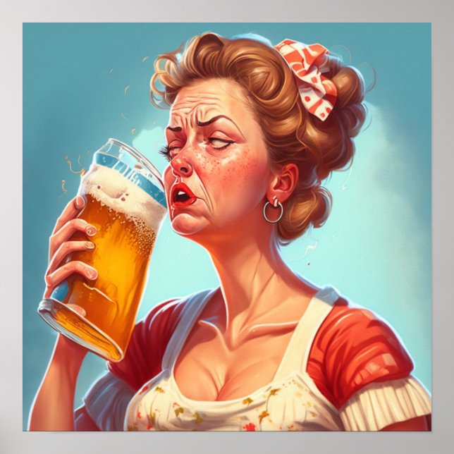 Poster Drôle Vielle Dame à boire une bière (Devant)