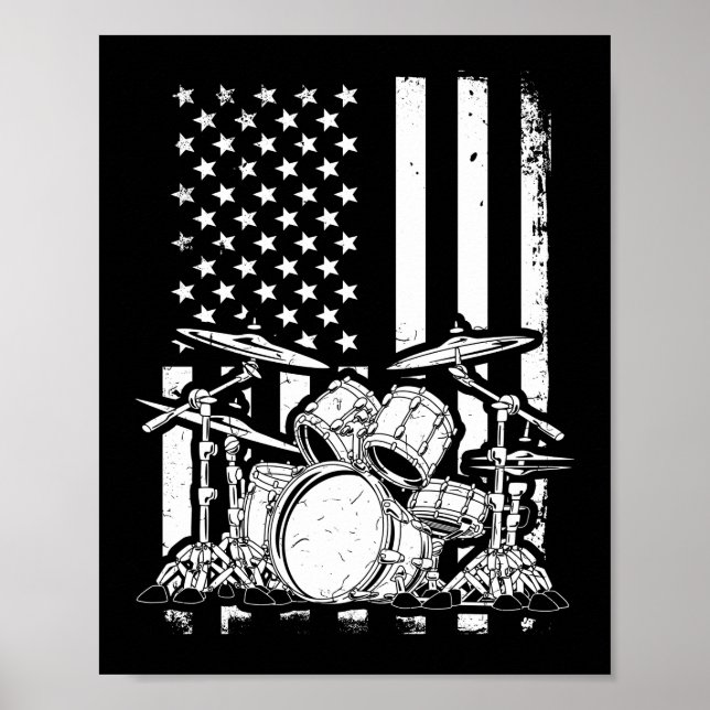 Poster Drum Kit American Flag Drummer Musicien (Devant)