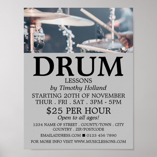 Poster Drummer, Cours de tambour Publicité (Devant)