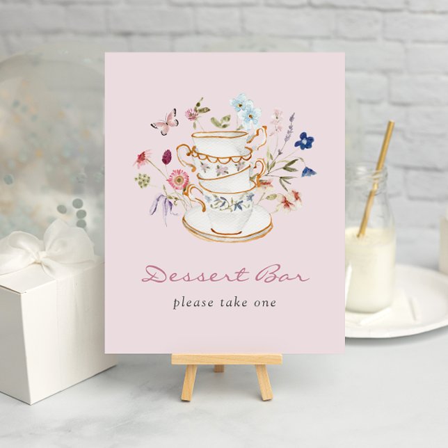 Poster du bar de dessert rose (Pink Floral Tea Cup Dessert Bar Poster with Butterfly by Painted Paperie
)