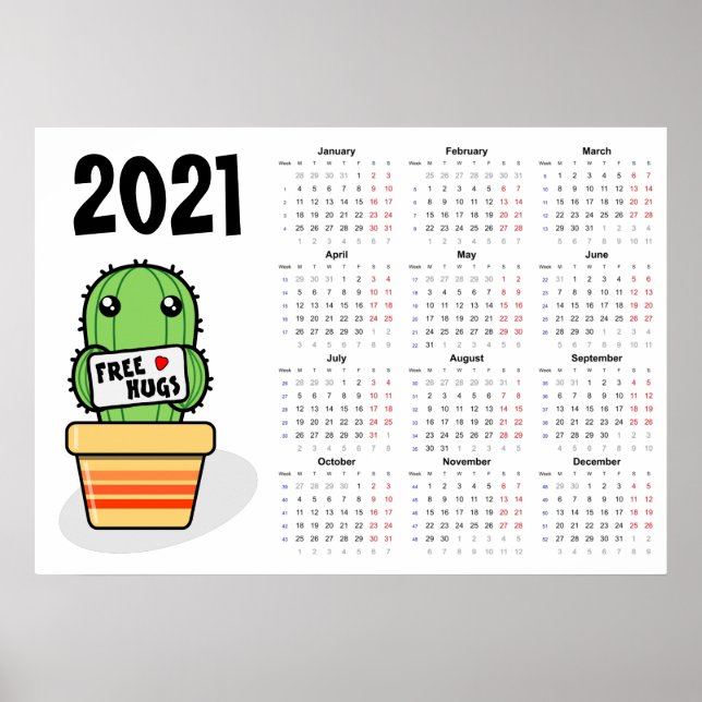 Poster du Calendrier des hugs 2021 - Lundi début (Devant)