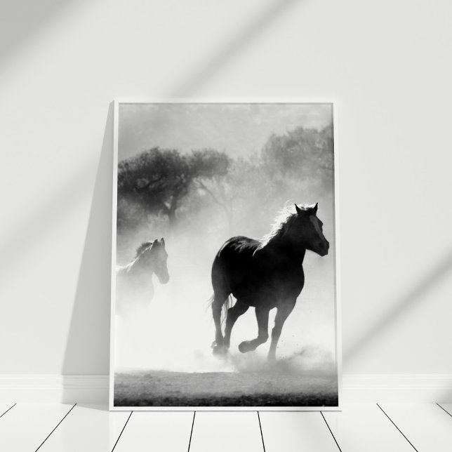 Poster du Cheval noir et blanc Imprimer (Black and White Horse Poster Print in a white frame.)