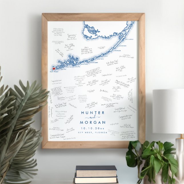 Poster du livre d'invité Key West Mariage Modern N (Key West FL Map Wedding Alternative Guest Book Poster in Modern Navy Blue from Coastal Map Designs)