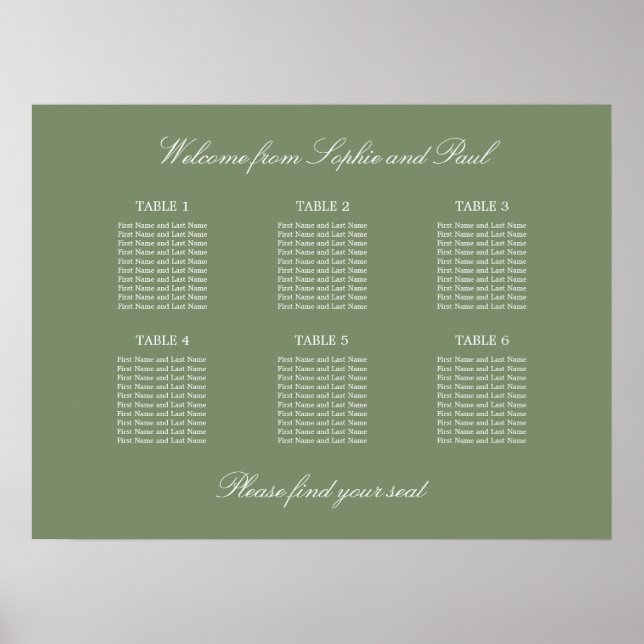 Poster du Mariage de 6 tables Sage Green (Devant)