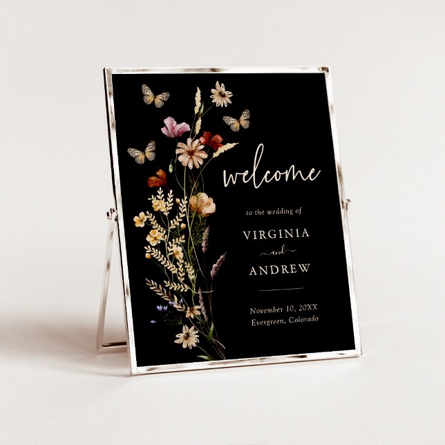 Poster du Mariage de bienvenue Boho Black (Boho Black Floral Welcome Wedding Poster by Painted Paperie
)
