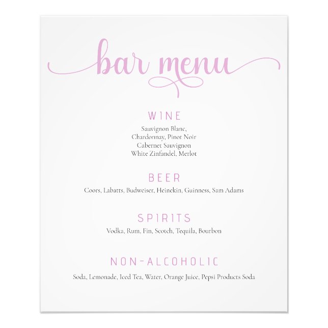 Poster du menu de la barre de Mariages rose et bla (Devant)