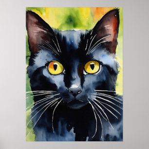 Poster du mur d'aquarelle de chat noir