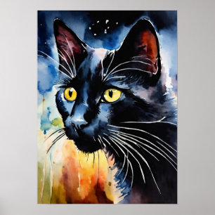 Poster du mur d'aquarelle de chat noir