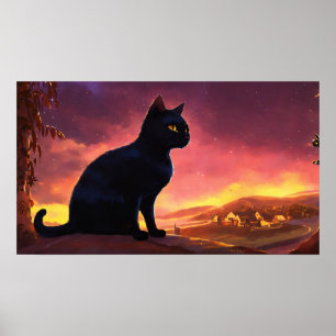Poster du mur d'aquarelle de chat noir