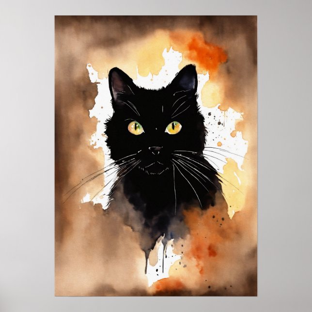 Poster du mur d'aquarelle de chat noir (Devant)