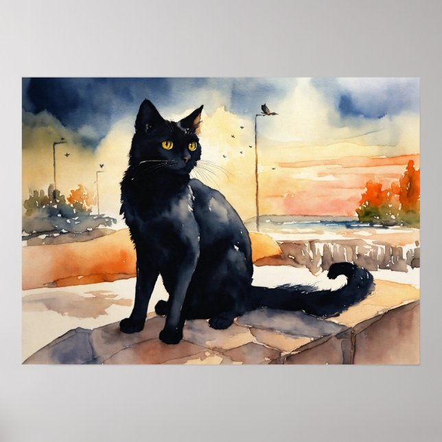 Poster du mur d'aquarelle de chat noir (Devant)