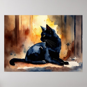 Poster du mur d'aquarelle de chat noir