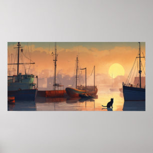 Poster du mur d'aquarelle de chat noir