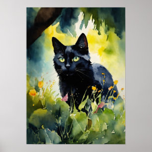 Poster du mur d'aquarelle de chat noir