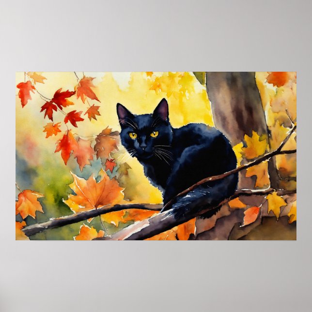 Poster du mur d'aquarelle de chat noir (Devant)