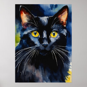 Poster du mur d'aquarelle de chat noir