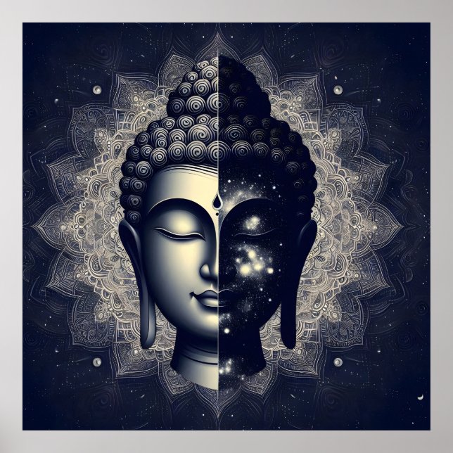 Poster Dual Nature Buddha Mandala - Cosmic Zen Enlighten (Devant)