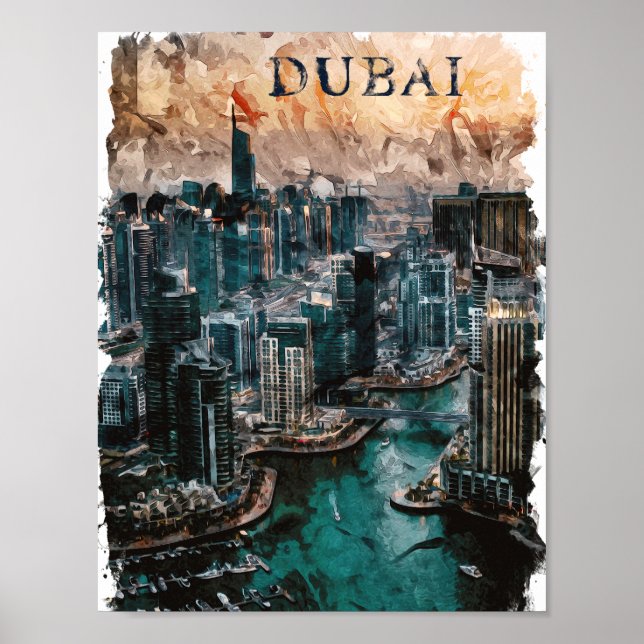Poster Dubaï Aquarelle Skyline (Devant)
