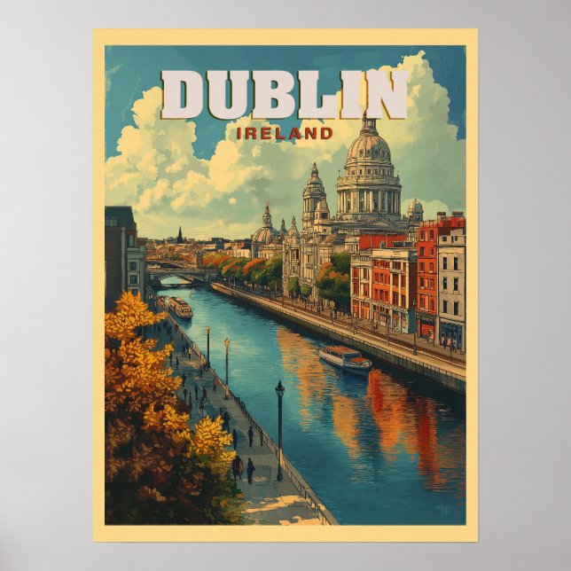 Poster Dublin City Ireland - Retro Travel (Devant)