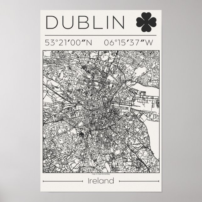 Poster Dublin Irlande Carte de la ville au charbon de boi (Devant)