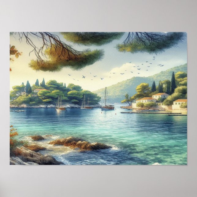Poster Dubrovnik Croatie Mljet île aquarelle (Devant)