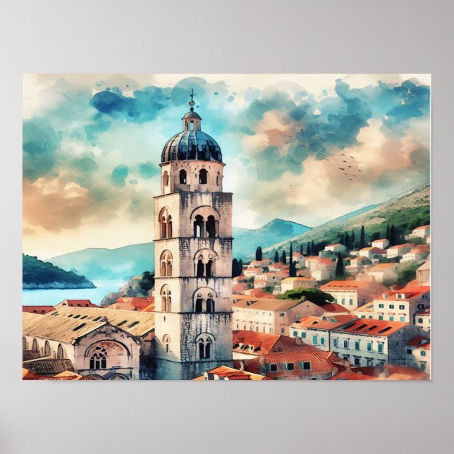 Poster Dubrovnik Croatie Tour Bell aquarelle (Devant)