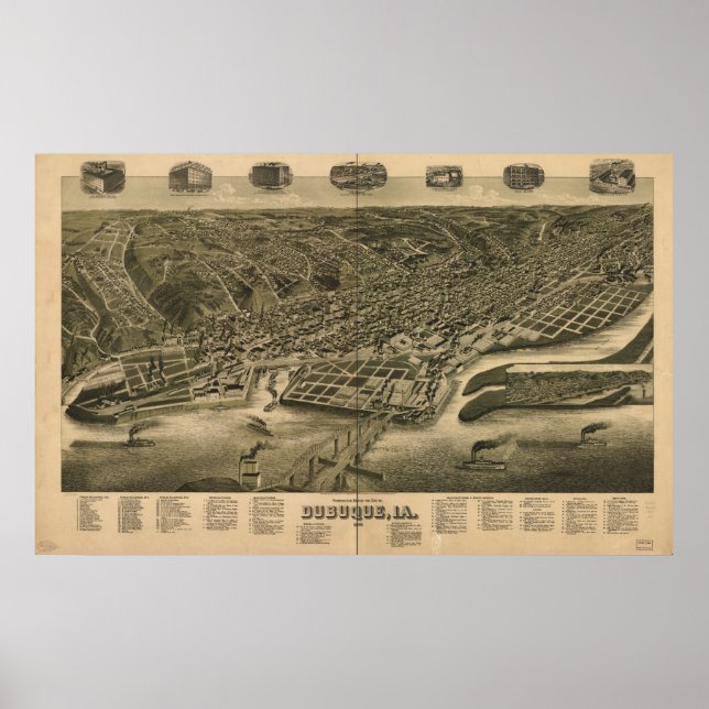Poster Dubuque Iowa 1889 Carte panoramique antique (Devant)