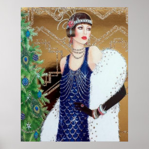 Poster d'une dame rétro vintage de Noël art déco