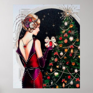 Poster d'une dame rétro vintage de Noël art déco
