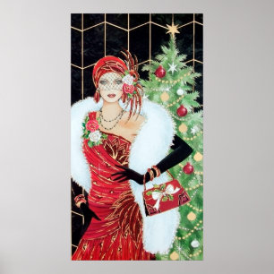 Poster d'une dame rétro vintage de Noël art déco