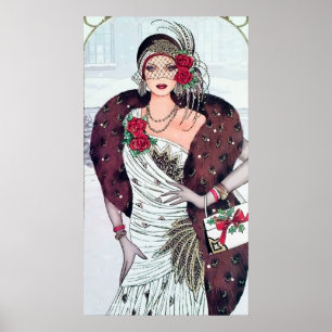 Poster d'une dame rétro vintage de Noël art déco