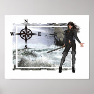 Poster d'une femme pirate aux eaux rugueuses Impri