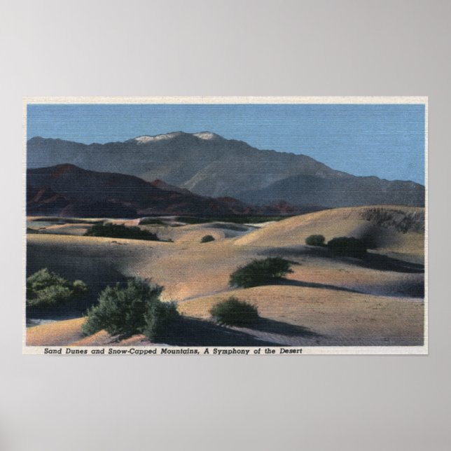 Poster Dunes de sable du désert et montagnes enneigées (Devant)