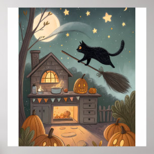 Poster Duo Chat & Balai Nuit Magique d'Halloween