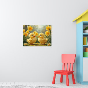 Poster Duo de Canetons Ensoleillés parmi les Jonquilles
