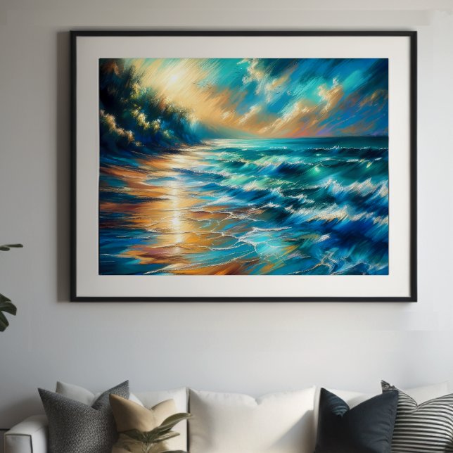 Poster Dur Pastel Dessin Vagues sur une plage (Créateur téléchargé)