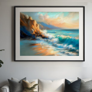 Poster Dur Pastel Dessin Vagues sur une plage