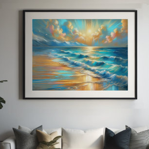 Poster Dur Pastel Dessin Vagues sur une plage II
